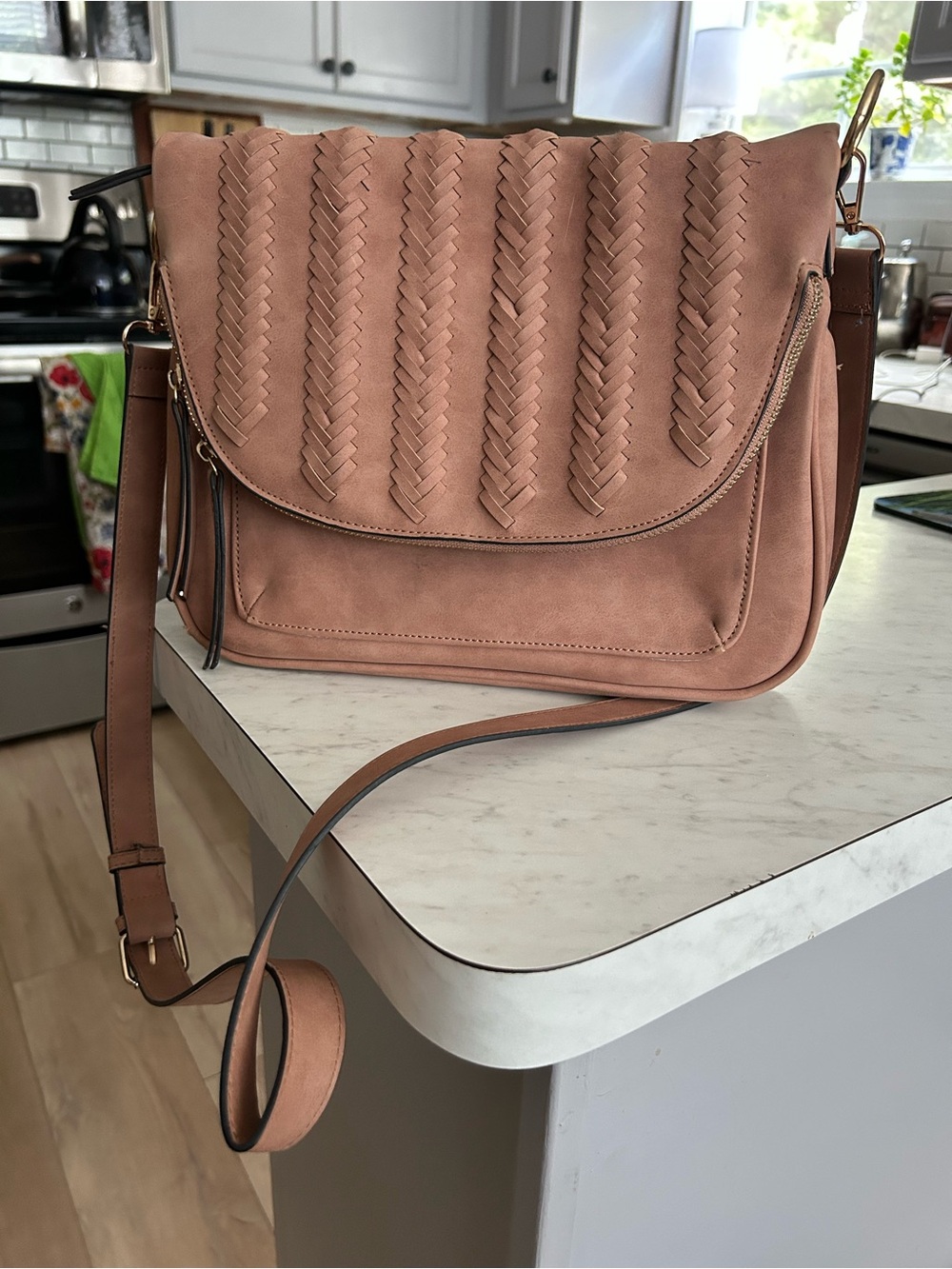 Braided Flap Crossbody Bag in Dusty Rose